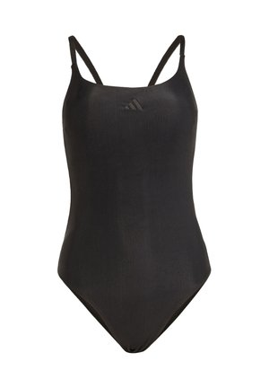 Černý žebrovaný jednodílný plavky s nastavitelnými tenkými ramínky a logem na přední straně. Aerodynamický design, vhodný pro plavání.
