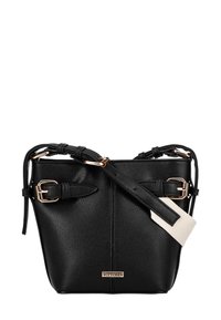 Borsa a mano in pelle nera con finitura texturizzata, dotata di due tracolle regolabili e dettagli in metallo dorato. Nome del marchio "WITTCHEN" visibile.