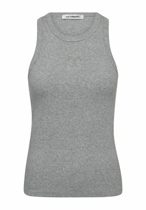 Graues, geripptes Tanktop mit rundem Halsausschnitt und ärmellosem Design. Verfügt über ein subtil eingearbeitetes Logo in der Mitte der Vorderseite. Sanfte Textur.
