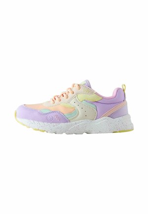 Low-top sneaker with pastel peach, purple, yellow, green accents, lace-up closure, speckled white sole, and pull tab on heel.
