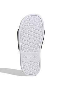 Black slide sandal with a textured white rubber outsole, featuring a diamond pattern and "adidas" logo embossed on the side.