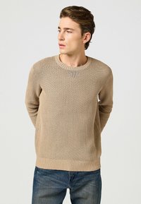 Beige gestrickter Pullover mit strukturiertem Muster, Rundhalsausschnitt und gerippten Bündchen. Zusammen mit blauen Jeans steht das Modell mit den Händen hinter dem Rücken.