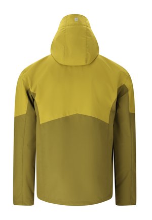 Kaksivärinen, oliivinvihreä ja keltainen vedenpitävä hupullinen takki, näkymä takaa, jossa on siistit saumanvetovoimat ja pieni logo hupussa.