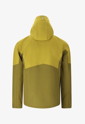 Kaksivärinen, oliivinvihreä ja keltainen vedenpitävä hupullinen takki, näkymä takaa, jossa on siistit saumanvetovoimat ja pieni logo hupussa.