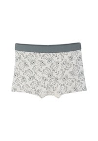 Boxer shorts made of light grey fabric featuring black line-drawn animal patterns. Elastic waistband in solid grey, mid-rise cut.