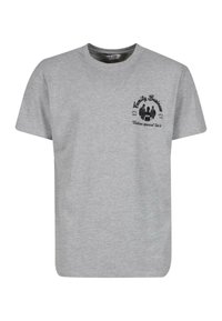 Tricou gri din bumbac, cu mâneci scurte, având o imprimare grafică neagră cu textul "Familia de Afaceri" în zona stângă a pieptului.