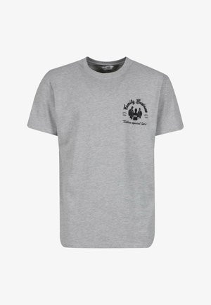 Šedé bavlněné tričko s krátkými rukávy, s černým grafickým potiskem označeným "Rodinný podnik" na levé straně hrudi.