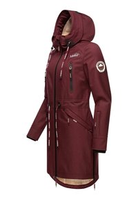 Maroon hooded jacket with a zippered front, adjustable waist, and multiple zippered pockets. Soft interior lining and elastic cuffs.