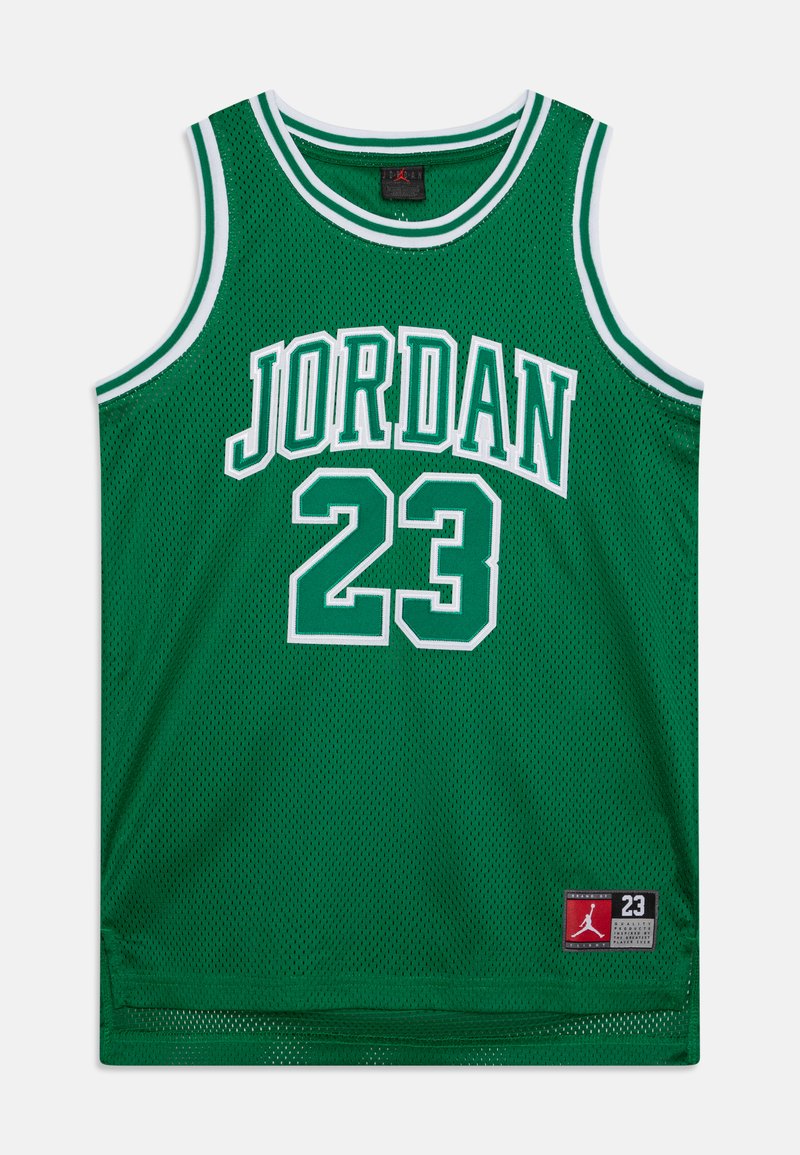 Zelená sieťová basketbalová dres so slovom "JORDAN" v bielych písmenách, s číslom "23" pod ním. Okrúhly výstrih a športové dizajnové detaily.