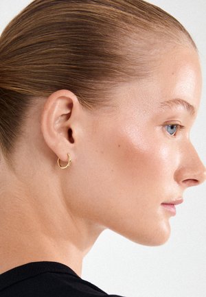 Profil d'une personne à la peau claire et lisse, avec un œil bleu et les cheveux tirés en arrière, portant une petite boucle d'oreille en or en forme d'anneau et un haut noir.