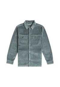 Kordjakke i dæmpet teal med klassisk krave, to brystlommer, knaplukning og synlig ribbet tekstur.