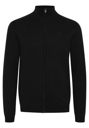 Black zip-up cardigan made of knit fabric. Features a high collar, ribbed cuffs, and hem, with a subtle logo above the left chest area.