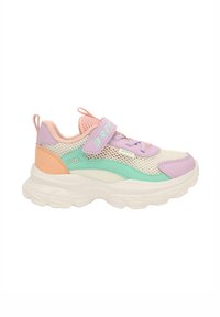 Bunte Sneakers mit einem Obermaterial aus Mesh in Weiß, Lavendel, Minze und Pfirsich, einer Gummisohle, einem verstellbaren Klettverschluss und genähten Akzenten.