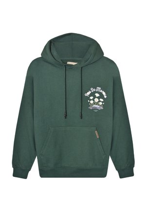 Ciemnozielona bluza z kapturem, z kieszenią z przodu, sznurkami i grafiką na klatce piersiowej przedstawiającą białe kwiaty oraz vintage samochód z napisem "Pays De Morcen".