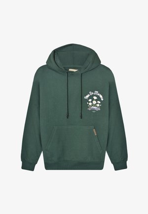 Mørkegrøn hættetrøje med forlomme, snoretræk og brystgrafik af hvide blomster og vintagebil med teksten "Pays De Morcen".