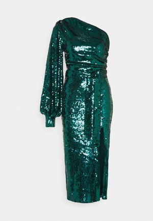 Robe midi en sequins vert émeraude avec une manche ballon longue, un décolleté asymétrique, une taille cintrée et une fente haute sur la cuisse à l'avant.