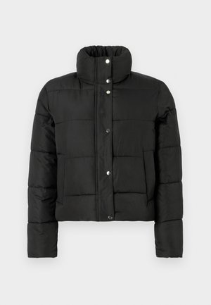 Doudoune noire avec col montant, manches longues, boutons-pression à l'avant et deux poches latérales sur un fond clair.