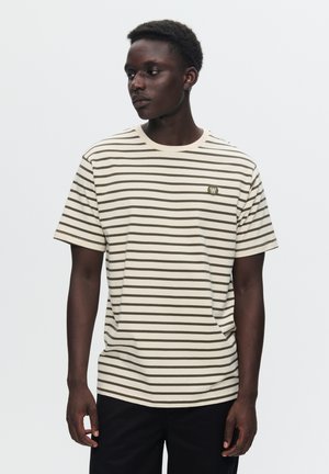 Striped short-sleeve t-shirt in beige and olive green, featuring a round neckline and a small embroidered logo on the chest. Smooth fabric texture.