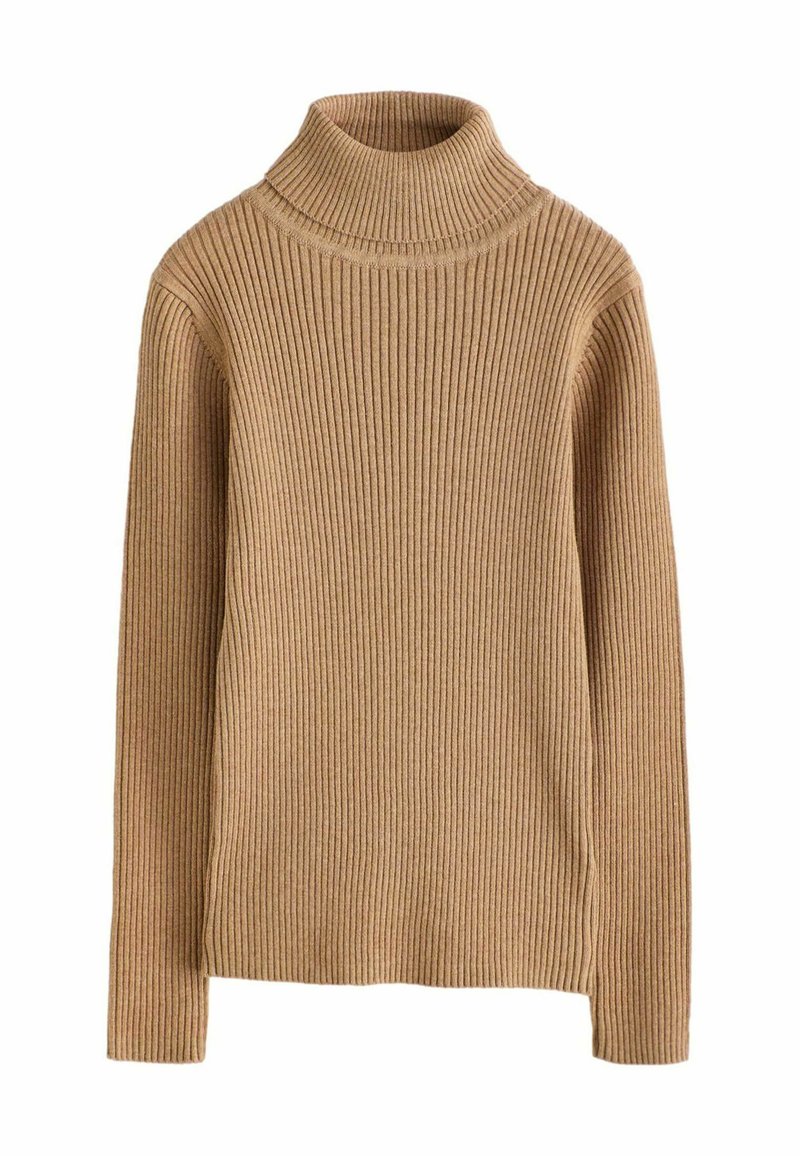 Brauner, gerippter Rollkragenpullover mit langen Ärmeln und taillierter Passform. Hergestellt aus Strickstoff mit vertikalen Streifen für Textur.