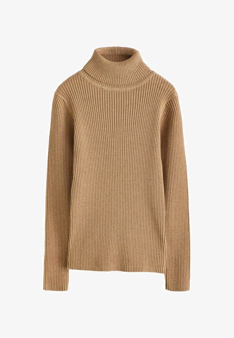 Brun ribbet turtleneck sweater med lange ærmer og et tætsiddende design. Fremstillet af strikstof med lodrette striber for tekstur.