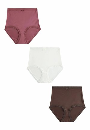 Drei hochgeschnittene Damenunterhosen in Mauve, Weiß und Dunkelbraun, jeweils mit einer kleinen dekorativen Schleife am Bund.