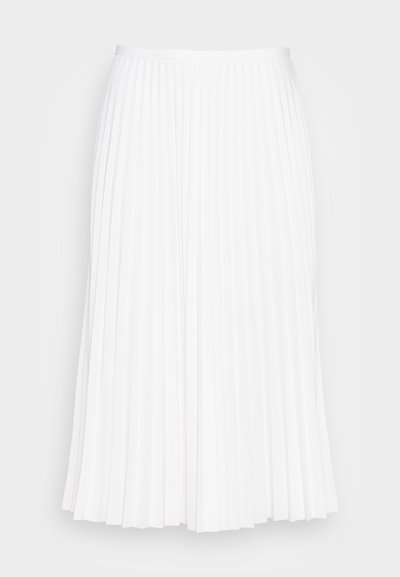 Jupe plissée blanche au design mi-long. Fabriquée en tissu lisse, présentant des plis nets et régulièrement espacés. Taille élastique.