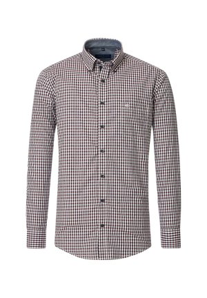 Karierte Langarmbluse in Burgunderrot und Weiß, mit einem Button-Down-Kragen, frontaler Tasche und dunklen Knöpfen. Glattes Baumwollgewebe.