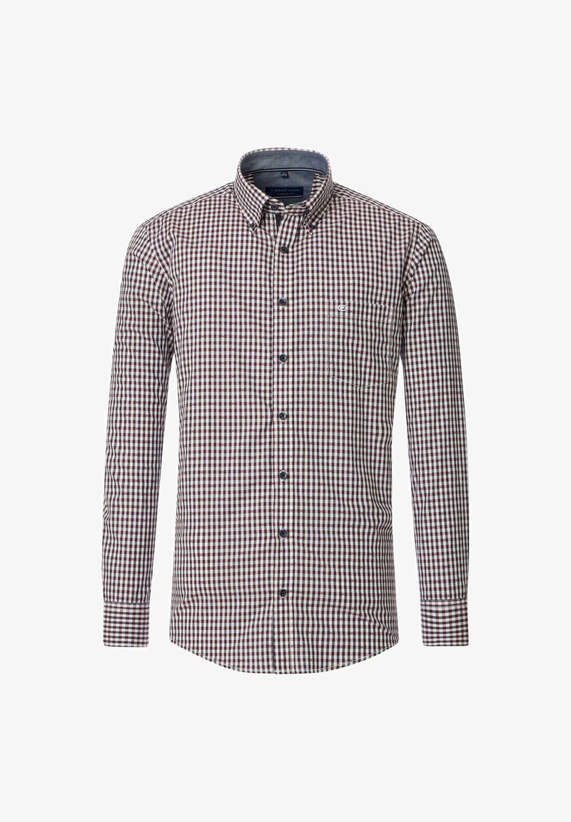 Karierte Langarmbluse in Burgunderrot und Weiß, mit einem Button-Down-Kragen, frontaler Tasche und dunklen Knöpfen. Glattes Baumwollgewebe.