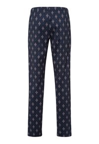 Marine blauwe broek met een elastische tailleband, rechte pijpen en herhaalde geometrische motieven in wit en lichtroze.