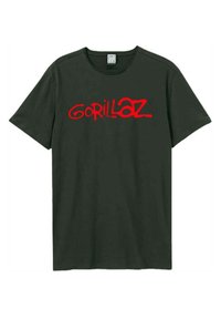 Dark green cotton t-shirt featuring bold red "Gorillaz" logo in an informal, stylized font with a crew neck and short sleeves.