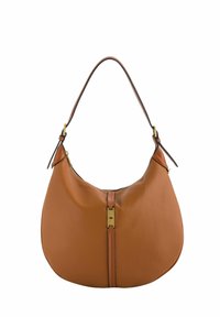 Tan leather shoulder bag with a curved shape, accented by a gold zipper and flat strap. Textured surface with minimal stitching details.