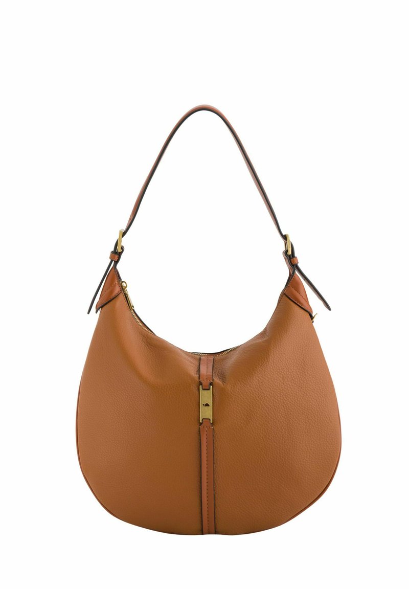 Tan leather shoulder bag with a curved shape, accented by a gold zipper and flat strap. Textured surface with minimal stitching details.