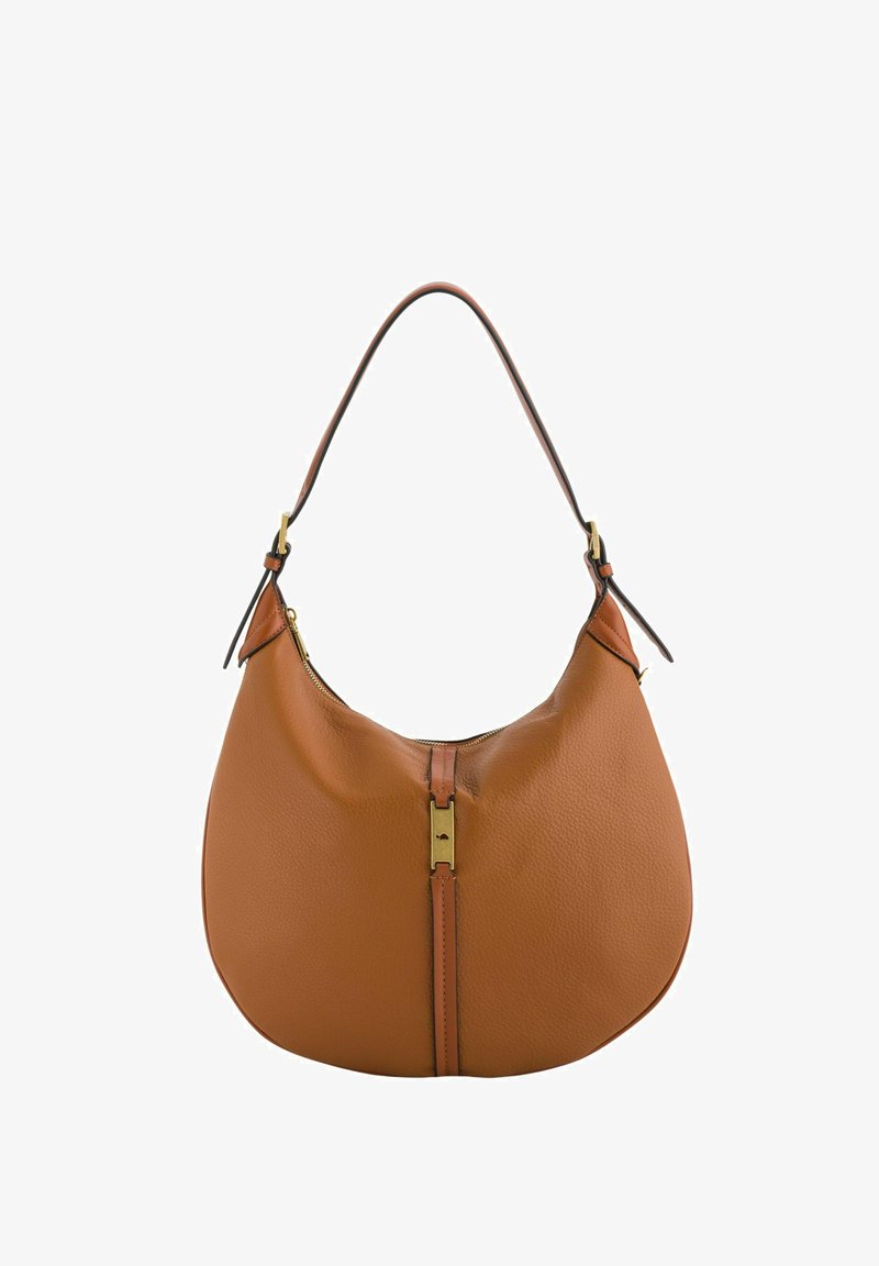 Tan leather shoulder bag with a curved shape, accented by a gold zipper and flat strap. Textured surface with minimal stitching details.