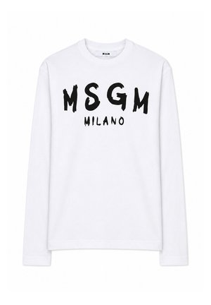 Camicia bianca a maniche lunghe con lettere nere in grassetto "MSGM" e più piccole "MILANO" stampate sotto davanti. Girocollo e design semplice.