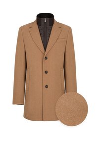 Brązowy płaszcz z wełny z wysokim kołnierzem, jednorzędowy, z czterema guzikami i kieszenią na piersi. Zawiera teksturowany swatch okrągłej tkaniny.