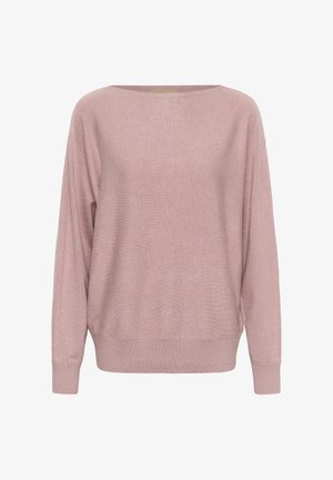 Světle růžový pletený svetr s širokým lodičkovým výstřihem, dlouhými rukávy a žebrovanými manžetami a lemem. Má měkkou texturu a volný střih.