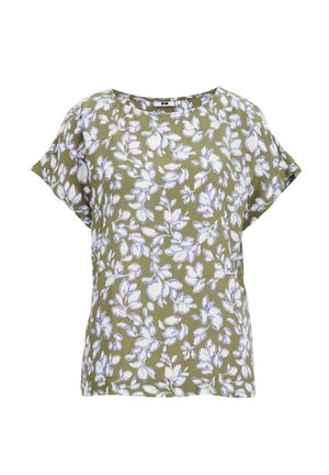 Olijfgroen T-shirt met korte mouwen en een wit en lichtblauw bloemenpatroon, met een losse pasvorm en ronde halslijn. Gemaakt van lichtgewicht stof.