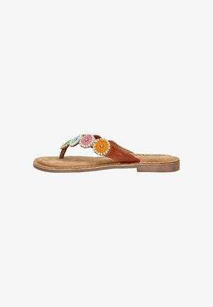 Brun flad sandal med polstret sål og dekorative flerfarvede perlebesatte cirkulære detaljer på læderremmen.