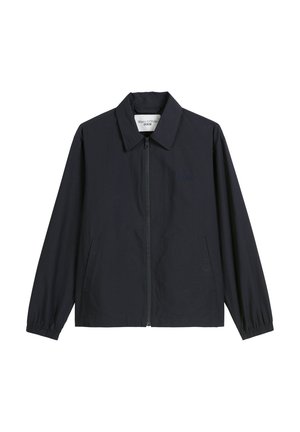 Navy lightweight jacket with a zip closure, point collar, and elastic cuffs; features side pockets and a subtle brand logo on the chest.