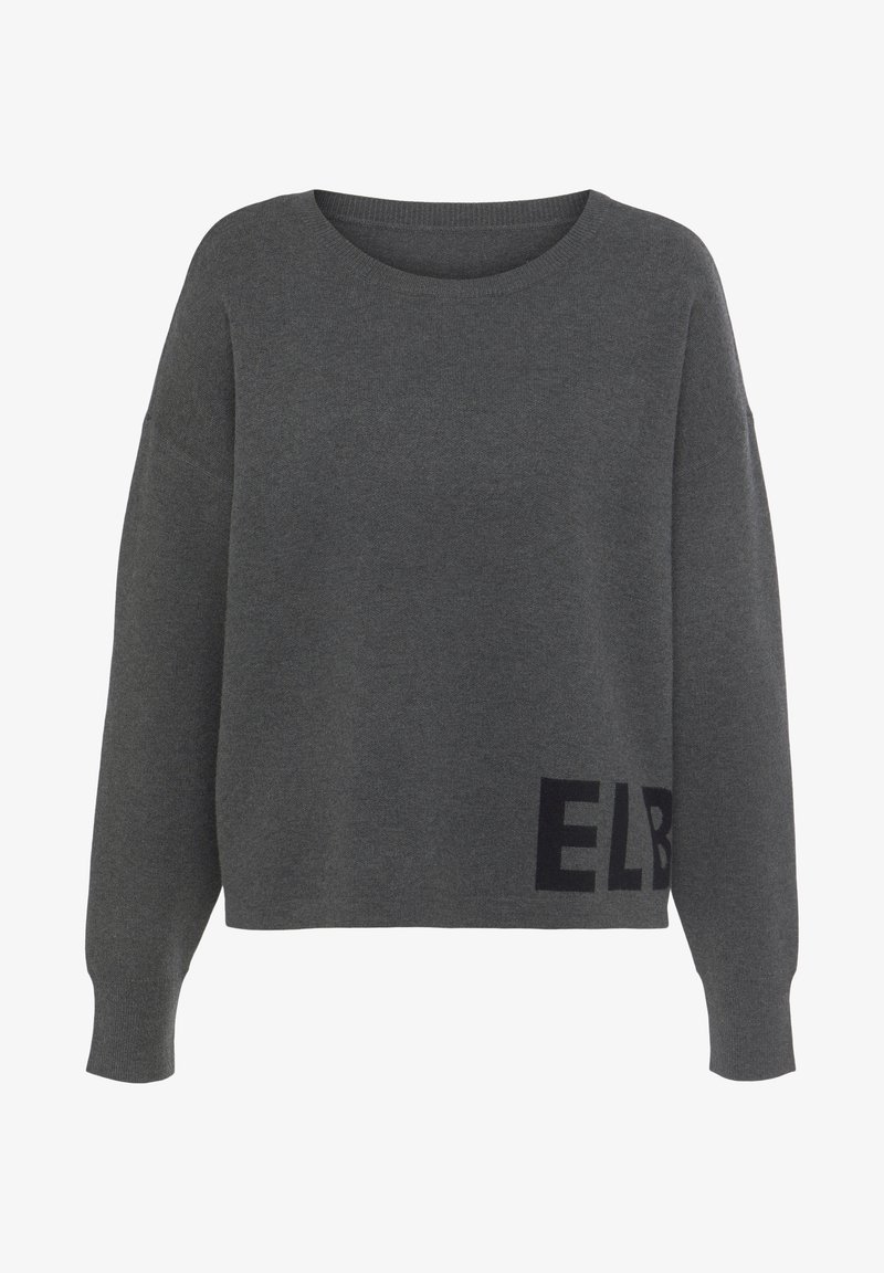 Gray knit sweater with a relaxed fit, round neckline, dropped shoulders, and a black "ELB" logo on the hem. Soft texture and long sleeves.