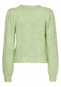 Hellgrüner Strickpullover mit langen, gepufften Ärmeln sowie gerippten Bündchen und Saum, von hinten gezeigt.