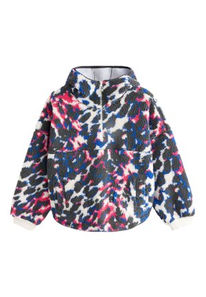Pile con mezza cerniera, collo alto, maniche lunghe, polsini elasticizzati e motivo astratto in nero, bianco, blu e rosa.