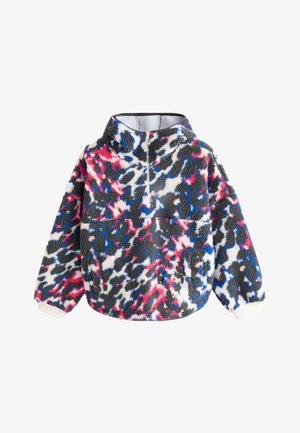 Pile con mezza cerniera, collo alto, maniche lunghe, polsini elasticizzati e motivo astratto in nero, bianco, blu e rosa.