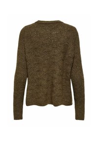 Pull en maille marron, présentant un motif texturé et un col rond. Manches longues et ourlet légèrement court.