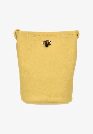 Punguță galbenă din piele cu finisaj texturat, prevăzută cu o închizătoare netedă din metal auriu în partea de sus și o formă moale, nestructurată.