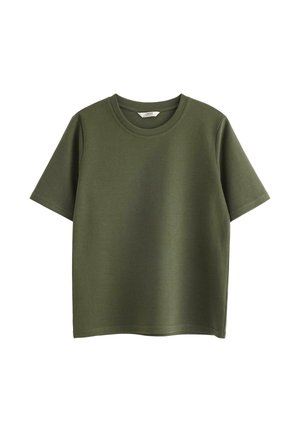 Olijfgroen t-shirt met korte mouwen van een gladde katoenmix stof, met een ronde hals en een standaard pasvorm, zonder patronen of accenten.