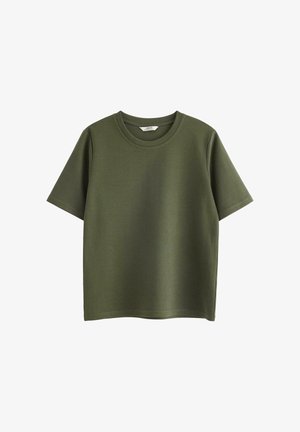 Olivgrön t-shirt med korta ärmar i en mjuk bomullsblandning med rund halsringning och standard passform, utan mönster eller detaljer.