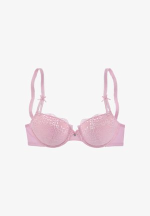 Rosa Spitzen-BH mit gepolsterten Cups, verstellbaren Trägern und kleinen Schleifen an den Trägern. Besitzt ein aufwändiges florales Spitzenmuster und eine zentrale Verzierung.