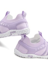 Purple athletic shoes with a lightweight fabric upper, elastic collar, white sole, and subtle diagonal and chevron patterns on the sides.