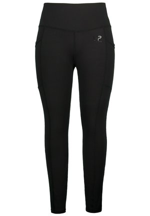 Leggings noirs avec une taille haute, dotés de poches latérales et d'un accent de logo. Fabriqué en tissu extensible avec une texture lisse.